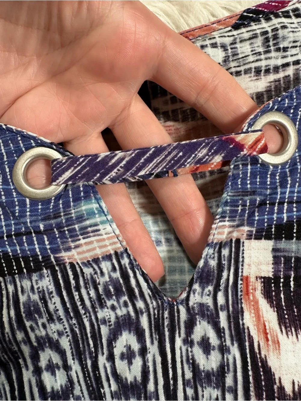 Intro • Ikat Design Ruffle Sleeve Metal Grommet Blouse